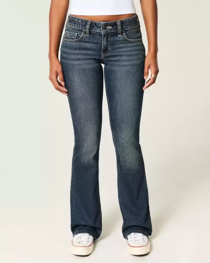 Düşük Bel Koyu Yıkama İşlemeli Bootcut Pantolon