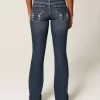 Düşük Bel Koyu Yıkama İşlemeli Bootcut Pantolon