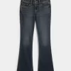 Düşük Bel Koyu Yıkama İşlemeli Bootcut Pantolon
