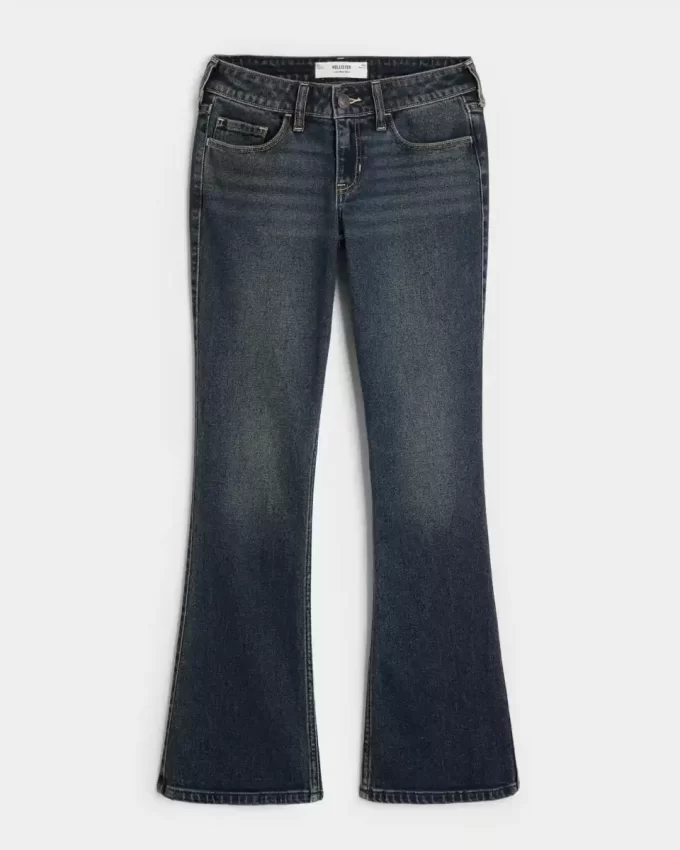 Düşük Bel Koyu Yıkama İşlemeli Bootcut Pantolon
