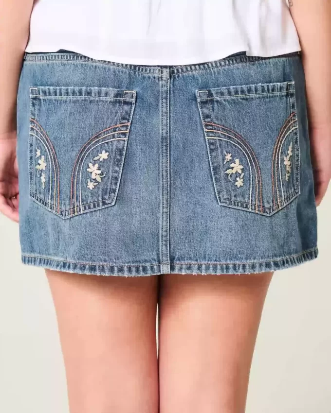 Düşük Bel İşlemeli Kot Mini Etek