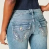 Düşük Bel Orta Yıkama İşlemeli Çiçek Desenli Bootcut Pantolon