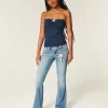 Düşük Bel Orta Yıkama İşlemeli Çiçek Desenli Bootcut Pantolon