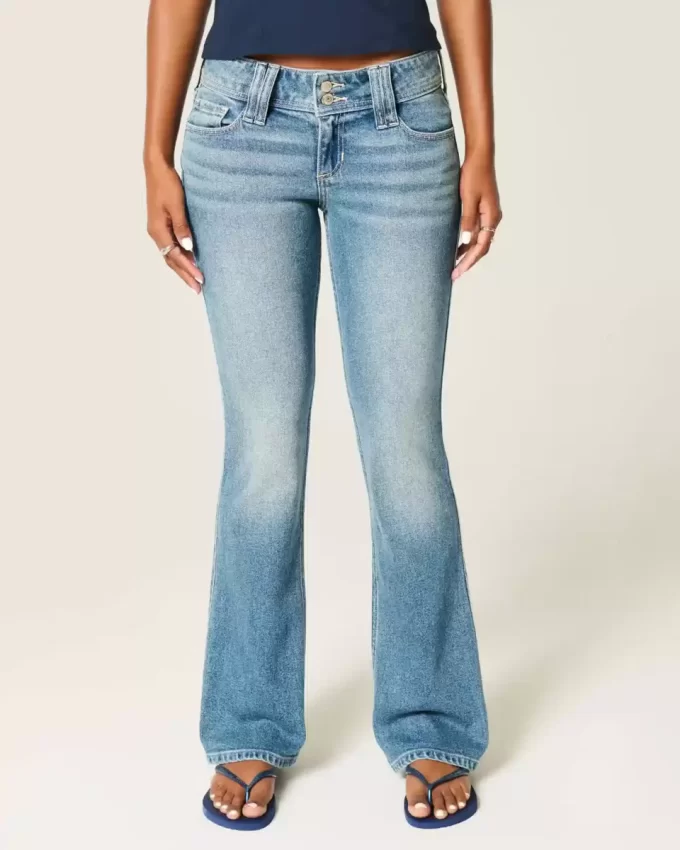 Düşük Bel Orta Yıkama İşlemeli Çiçek Desenli Bootcut Pantolon