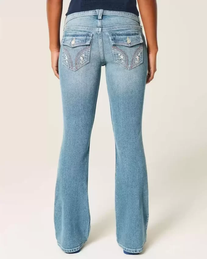 Düşük Bel Orta Yıkama İşlemeli Çiçek Desenli Bootcut Pantolon