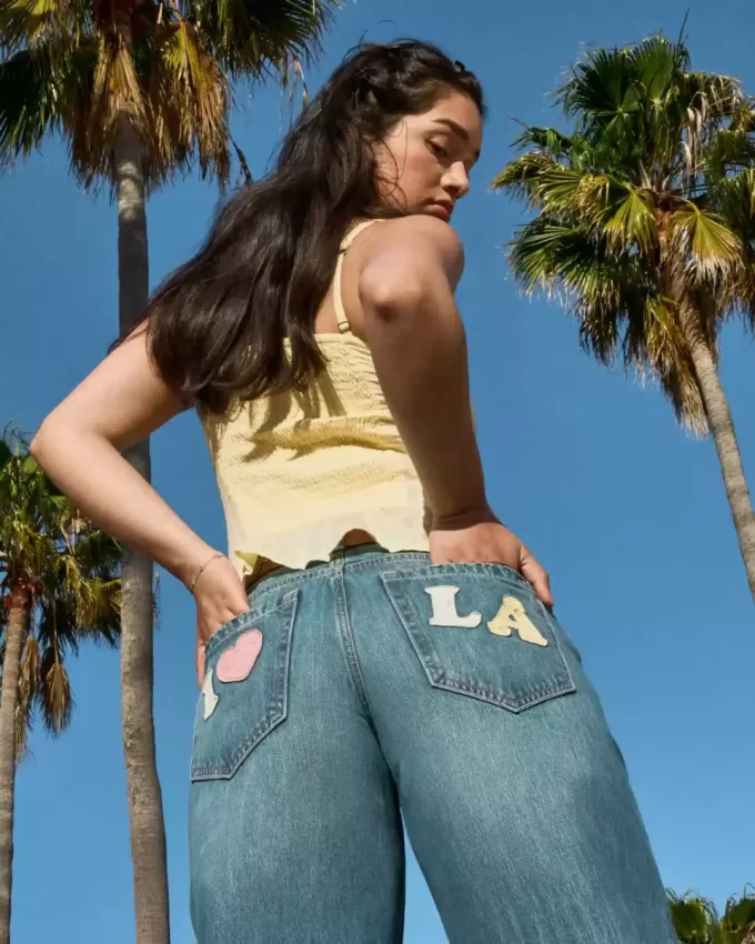 Düşük Bel Orta Yıkama Los Angeles Grafik Bol Paça Pantolon