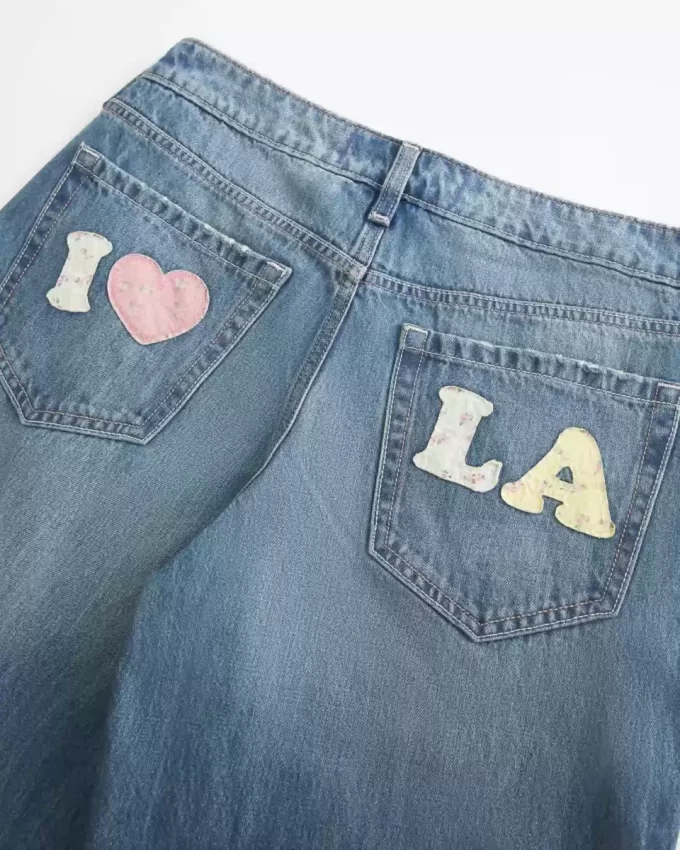 Düşük Bel Orta Yıkama Los Angeles Grafik Bol Paça Pantolon