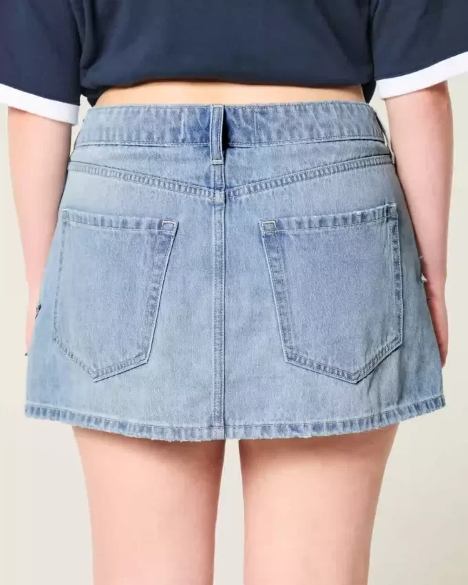 Düşük Bel Orta Yıkama Yıldız Aplikeli Kot Mini Etek