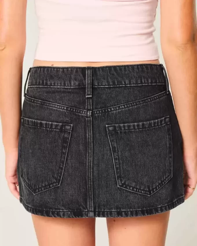 Düşük Bel Yıkanmış Siyah Kot Mini Etek