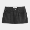 Düşük Bel Yıkanmış Siyah Kot Mini Etek
