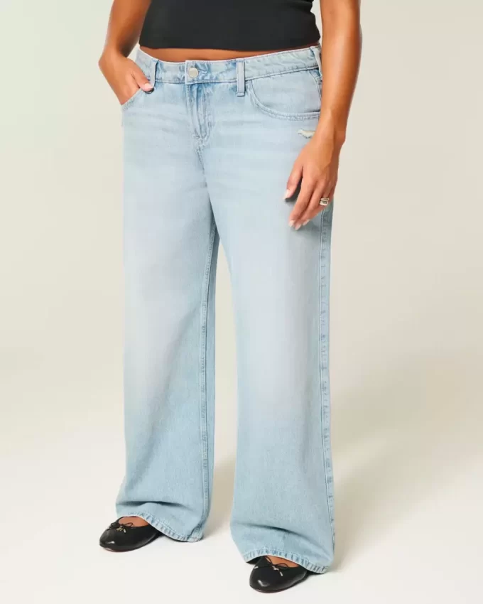 Düşük Bel Yıpranmış Bol Paça Kot Pantolon