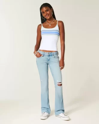 Düşük Bel Yırtık Açık Yıkama İşlemeli Bootcut Pantolon
