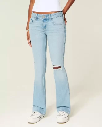 Düşük Bel Yırtık Açık Yıkama İşlemeli Bootcut Pantolon