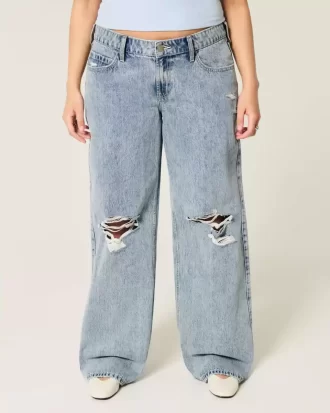 Düşük Bel Yırtık Orta Boy Bol Paça Kot Pantolon