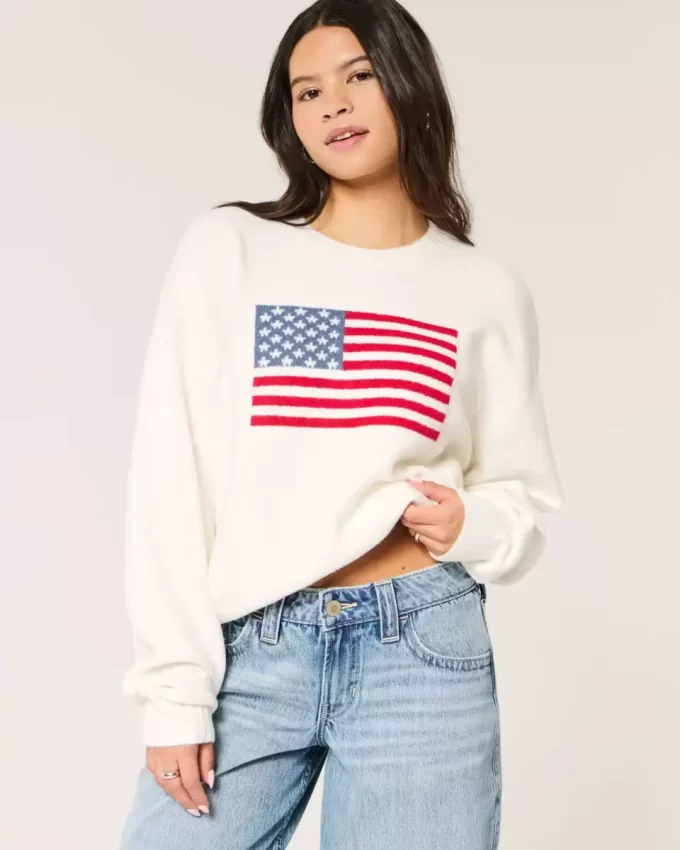Hollister Rahat Bulut Amerikan Bayrağı Grafikli Mürettebat Kazak