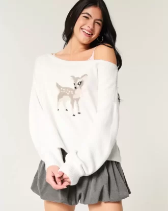 Hollister Rahat Bulut Kolay Omuzdan Askılı Geyik Desenli Kazak
