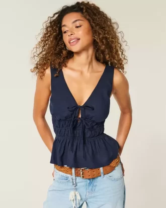Keten Karışımlı Önden Bağlamalı Peplum Üst