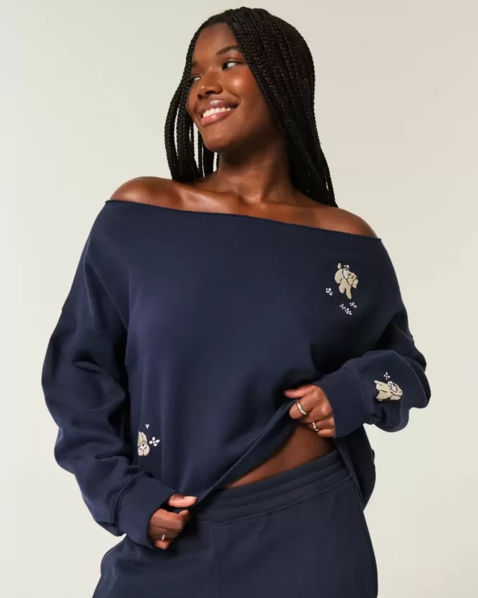 Kolay Grafik Çift Omuz Açık Sweatshirt