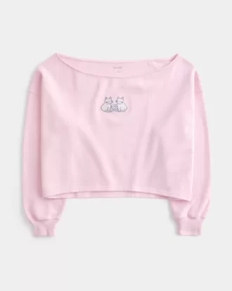 Kolay Grafik Çift Omuz Açık Sweatshirt