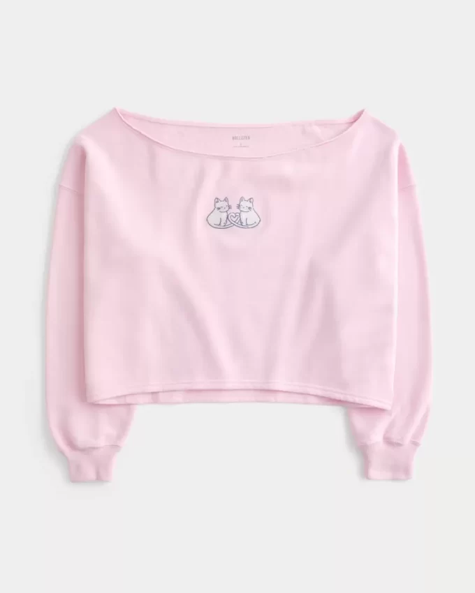 Kolay Grafik Çift Omuz Açık Sweatshirt