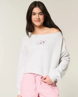 Kolay Grafik Çift Omuz Açık Sweatshirt