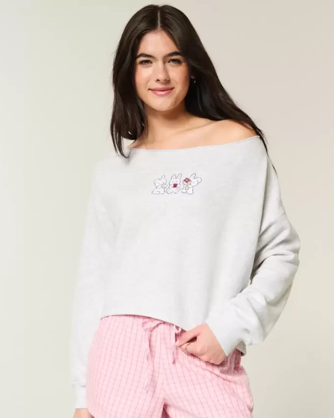 Kolay Grafik Çift Omuz Açık Sweatshirt