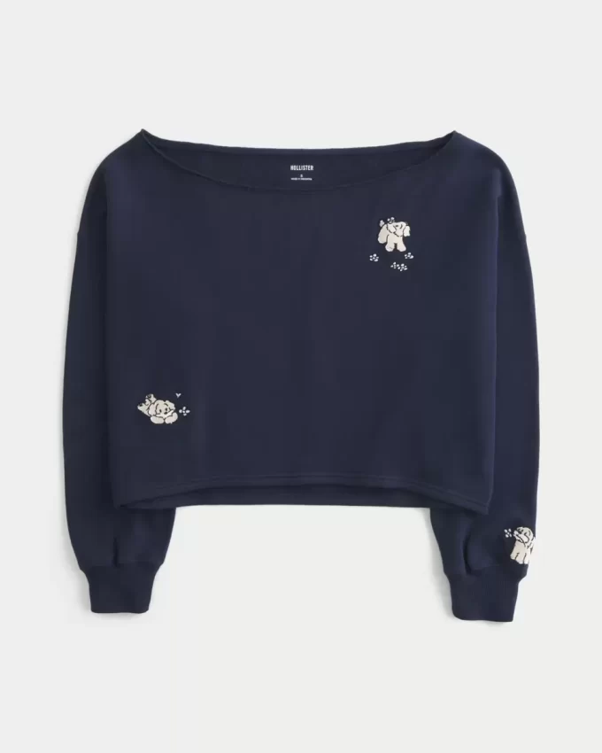 Kolay Grafik Çift Omuz Açık Sweatshirt