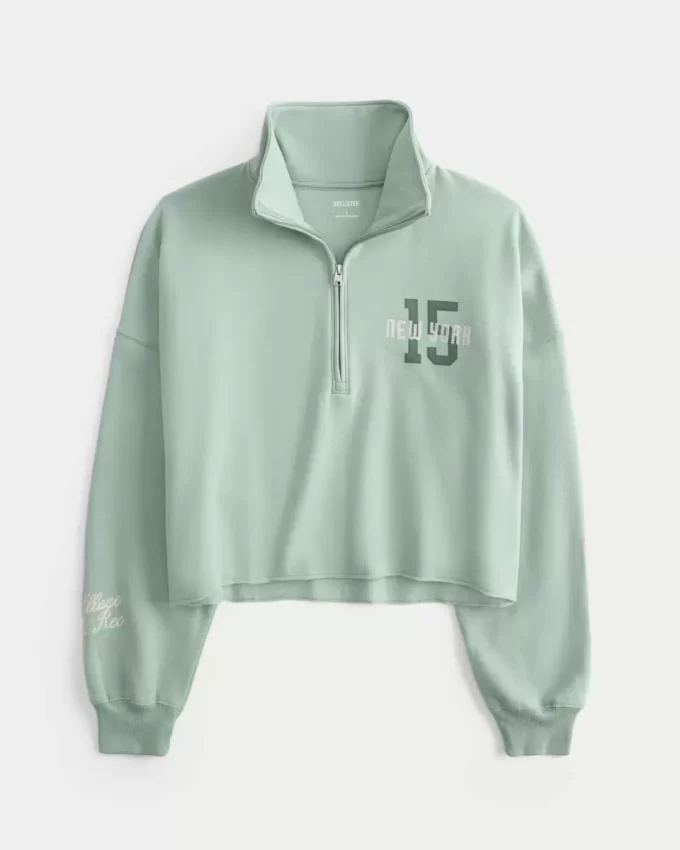 Kolay New York Grafik Yarım Fermuarlı Kesik Sweatshirt
