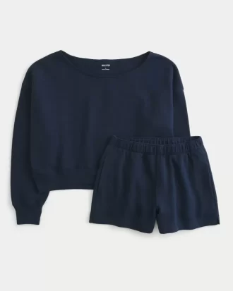 Kolay Omuz Açık Sweatshirt ve Polar Şort Takımı