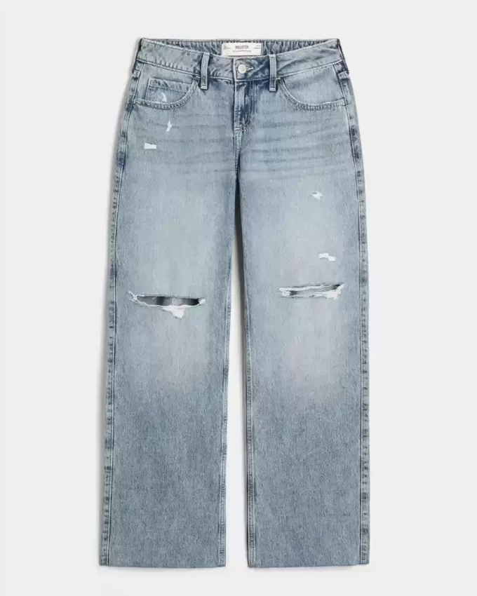 Kıvrımlı Düşük Bel Yırtık Orta Boy Yıkama Bol Pantolon