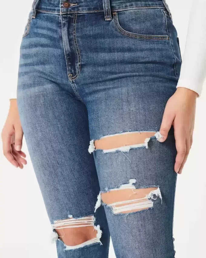Kıvrımlı Yüksek Bel Yırtık Koyu Yıkama Süper Dar Kot Pantolon