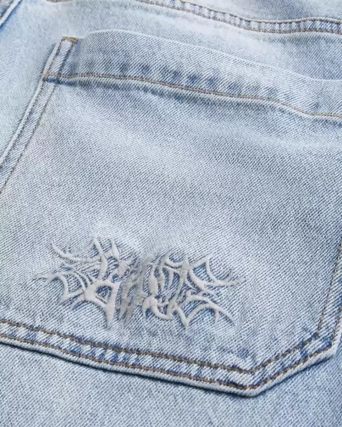 İşlemeli Açık Yıkama Patenci Bol Pantolon