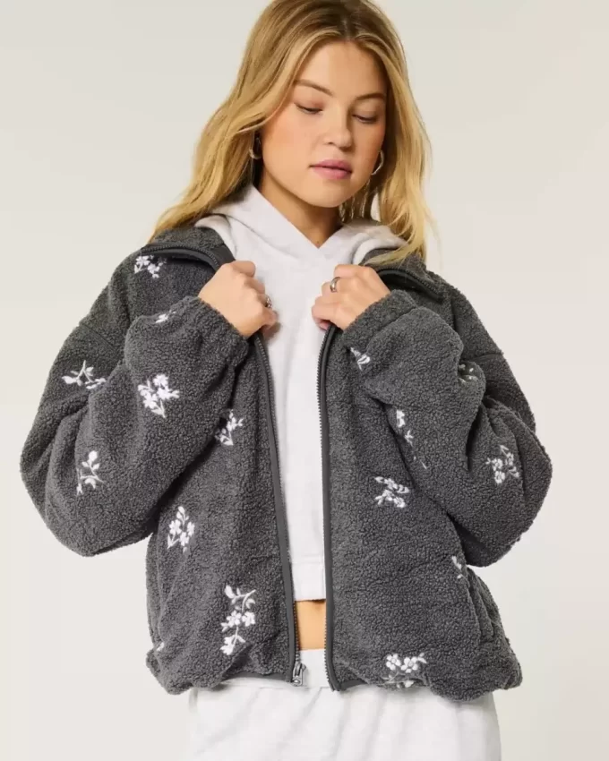İşlemeli Sherpa Polar Ceket
