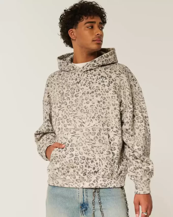 Leopar Desenli Bol Kapüşonlu Sweatshirt