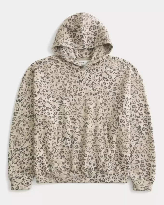 Leopar Desenli Bol Kapüşonlu Sweatshirt