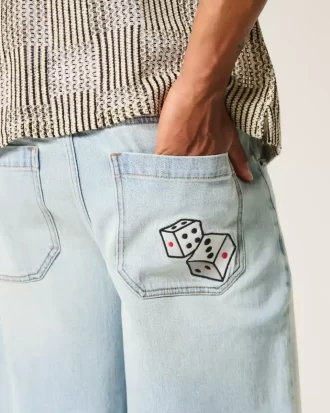 Light Wash Dice Graphic Süper Bol Kot Şort