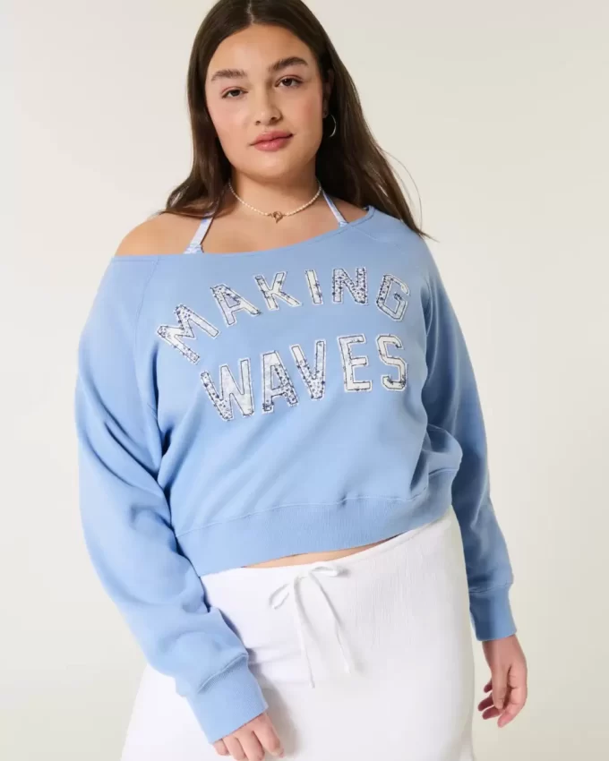 Omuzları Açık, Dalgalı Desenli Grafik Sweatshirt Omuzları Açık, Dalgalı Desenli Grafik Sweatshirt