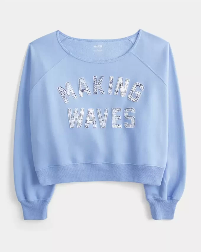Omuzları Açık, Dalgalı Desenli Grafik Sweatshirt Omuzları Açık, Dalgalı Desenli Grafik Sweatshirt