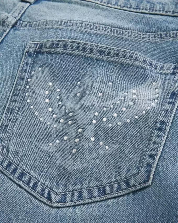 Orta Boy Yıkama Kartal Grafik Bol Paça Kot Pantolon