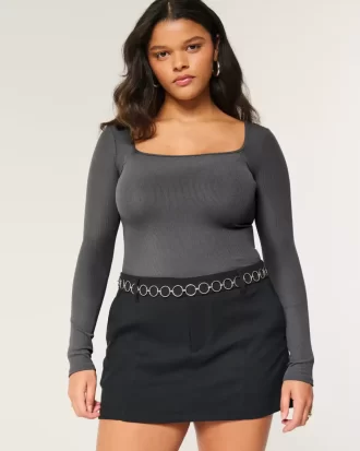 Ribanalı Dikişsiz Kumaş Kare Yaka Bodysuit