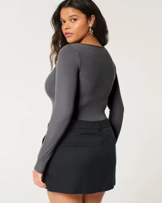 Ribanalı Dikişsiz Kumaş Kare Yaka Bodysuit