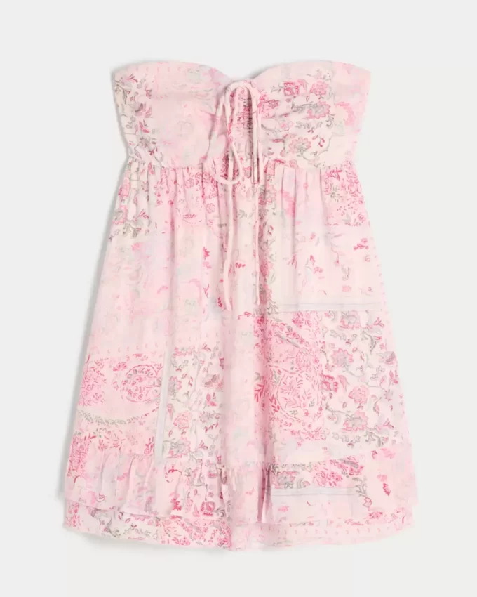 Straplez Volanlı Babydoll Mini Elbise
