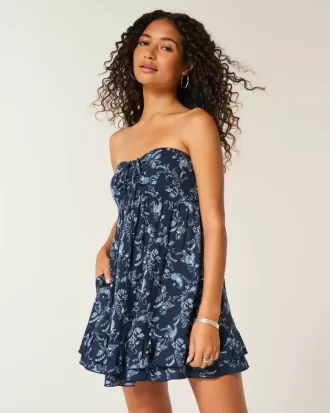 Straplez Volanlı Babydoll Mini Elbise