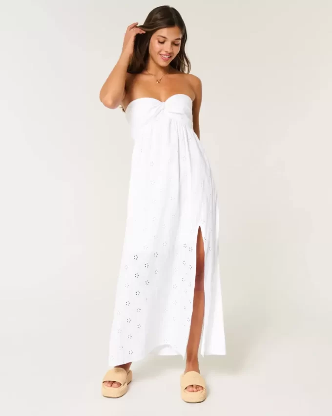 Twist Bust Eyelet Straplez Midi Elbise