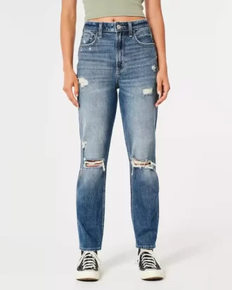 Ultra Yüksek Bel Yırtık Orta Yıkama Mom Jean