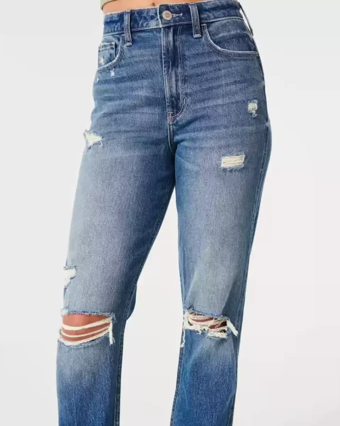 Ultra Yüksek Bel Yırtık Orta Yıkama Mom Jean