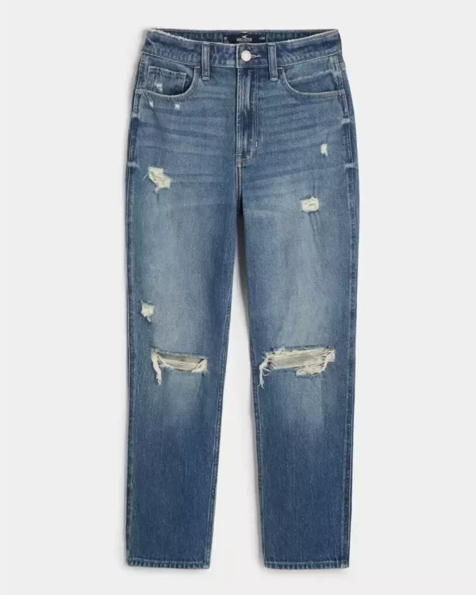 Ultra Yüksek Bel Yırtık Orta Yıkama Mom Jean