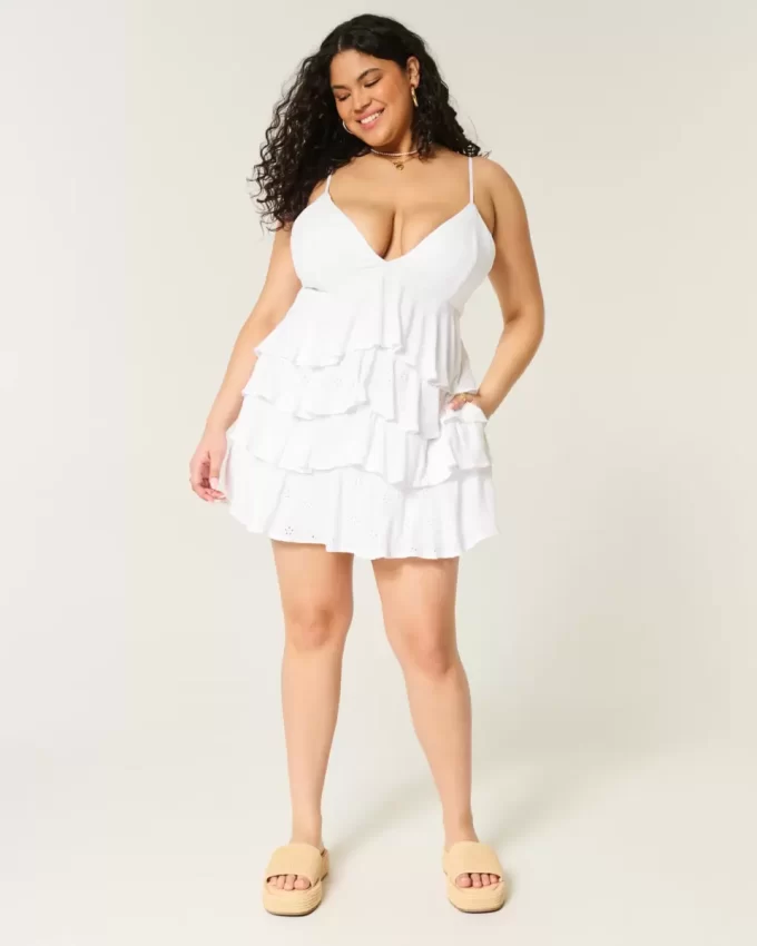 V Yaka Volanlı Babydoll Mini Elbise
