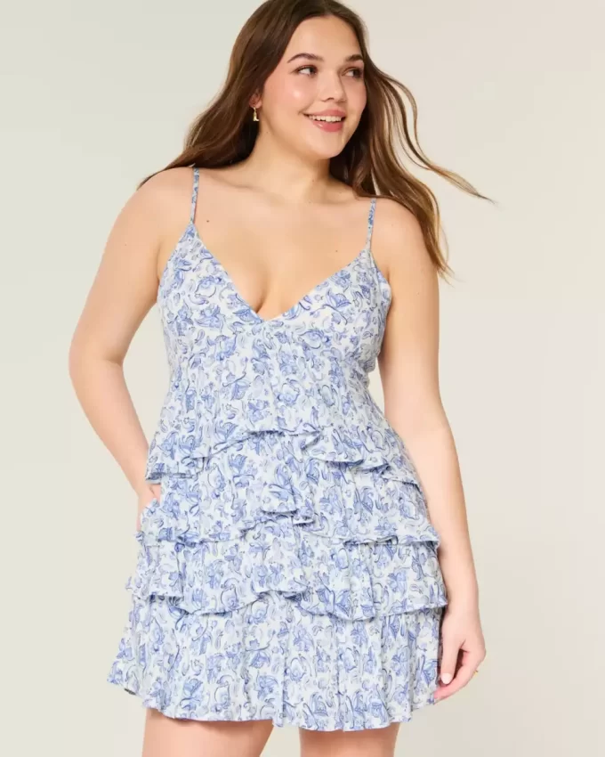 V Yakalı Volanlı Katlı Babydoll Mini Elbise