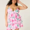 V Yakalı Volanlı Katlı Babydoll Mini Elbise